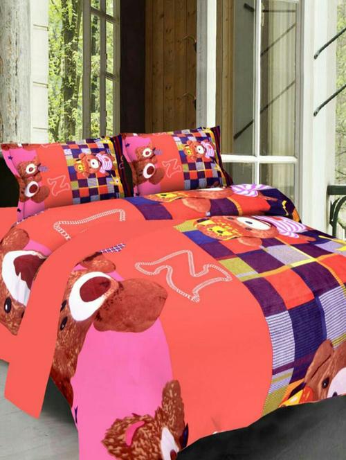 Cartoon Print Microfibre Double Bedsheet with 2 Pillow Covers - 14532044 - Very Small Image - 1