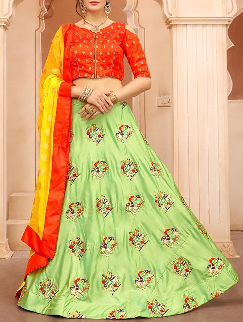 green silk flared lehenga - 14532093 - Standard Image - 1