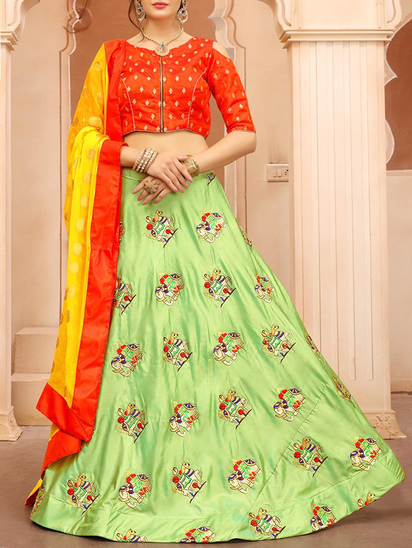 green silk flared lehenga - 14532093 - Zoom Image - 1