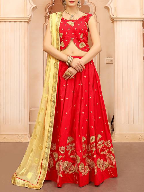 red silk flared lehenga - 14532097 - Standard Image - 1