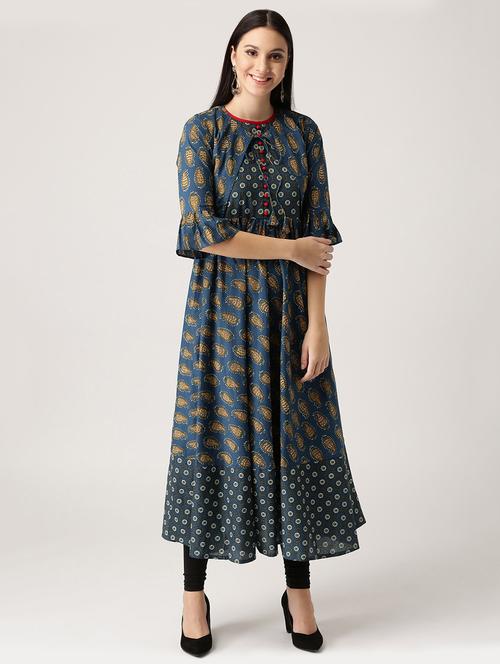 blue cotton flared kurta - 14532248 - Very Small Image - 1