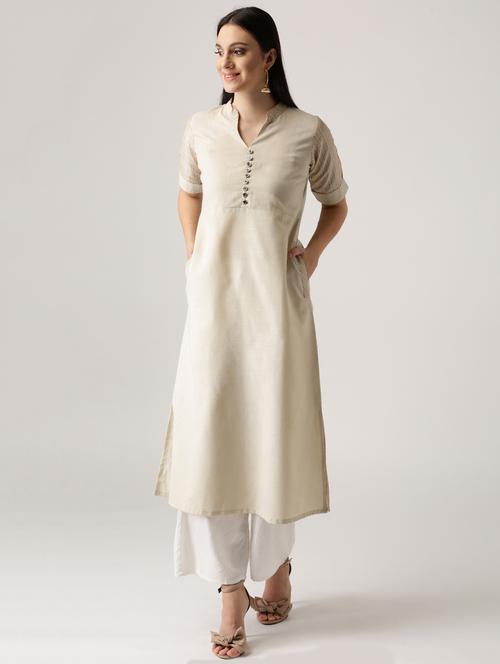 Cream cotton straight kurta - 14532260 - Very Small Image - 1