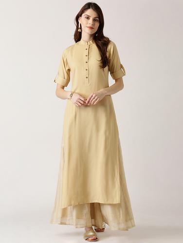 beige rayon straight kurta - 14532269 - Very Small Image - 1