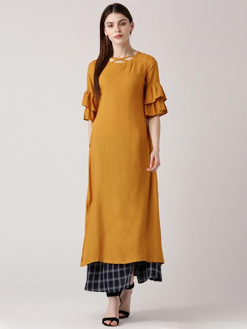 yellow rayon straight kurta - 14532284 - Very Small Image - 1