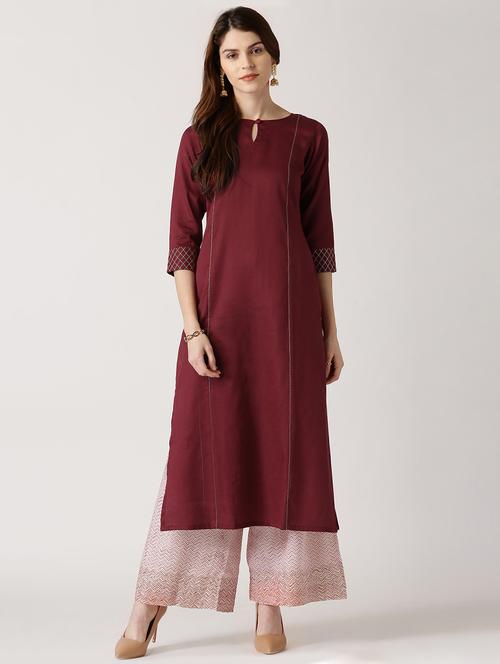 maroon cotton straight kurta - 14532307 - Very Small Image - 1