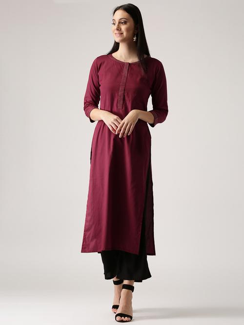 maroon cotton straight kurta - 14532336 - Very Small Image - 1