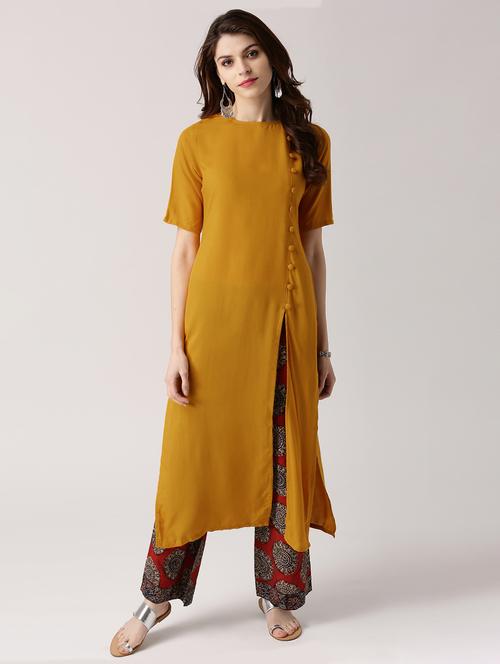 yellow rayon straight kurta - 14532346 - Very Small Image - 1