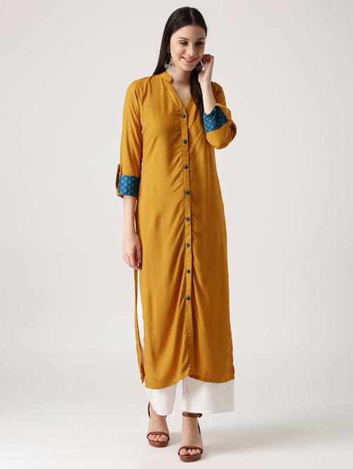 yellow rayon straight kurta - 14532374 - Very Small Image - 1