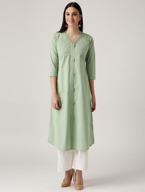 green cotton straight kurta - 14532380 - Very Small Image - 1