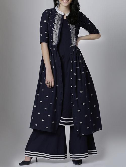 Blue cotton layered kurta - 14533074 - Very Small Image - 1