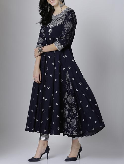 Blue cotton flared kurta - 14533078 - Very Small Image - 1