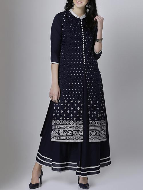 Blue cotton layered kurta - 14533080 - Very Small Image - 1