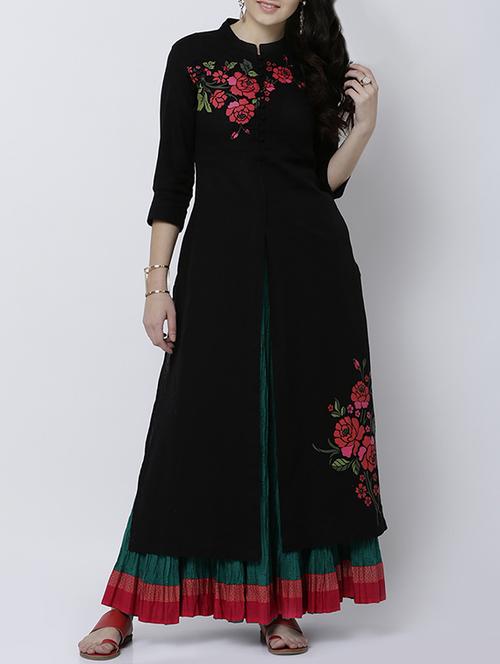 black cotton blend high-slit kurta - 14533083 - Very Small Image - 1