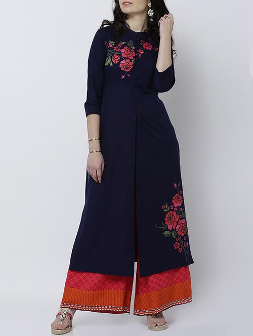 blue cotton blend high-slit kurta - 14533085 - Very Small Image - 1