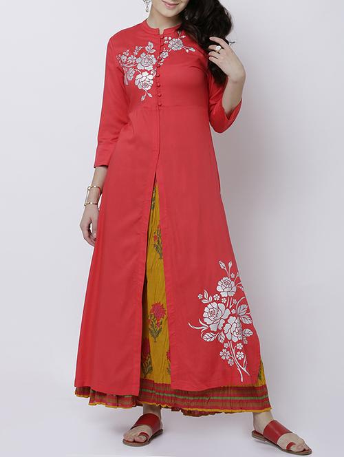 red cotton blend high-slit kurta - 14533086 - Very Small Image - 1