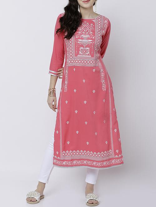 pink rayon straight kurta - 14533091 - Very Small Image - 1