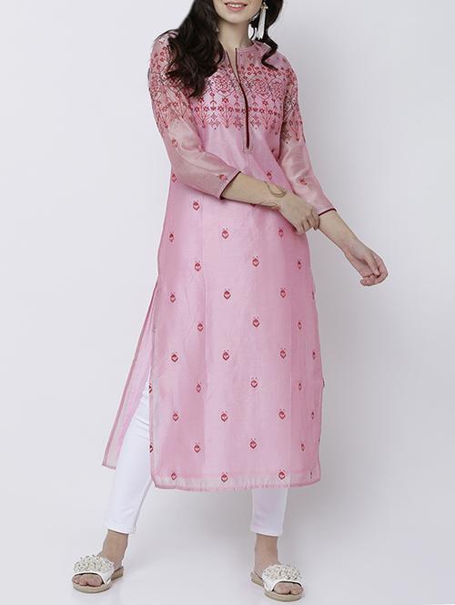 pink chanderi straight kurta - 14533101 - Very Small Image - 1