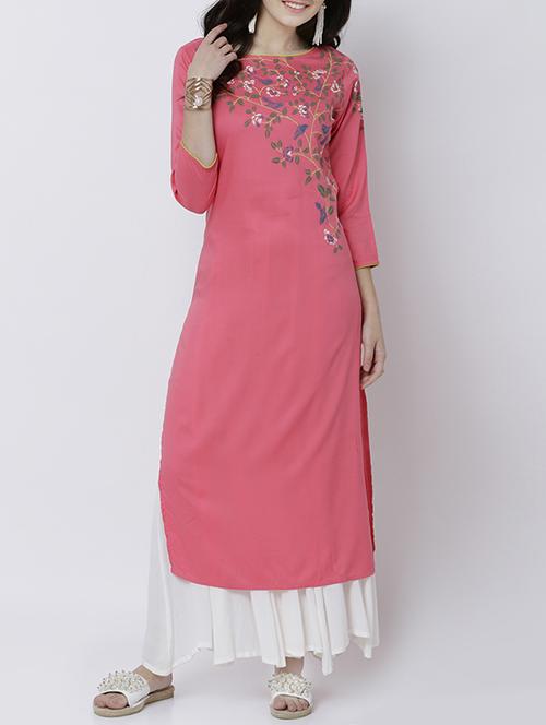 pink rayon straight kurta - 14533104 - Very Small Image - 1