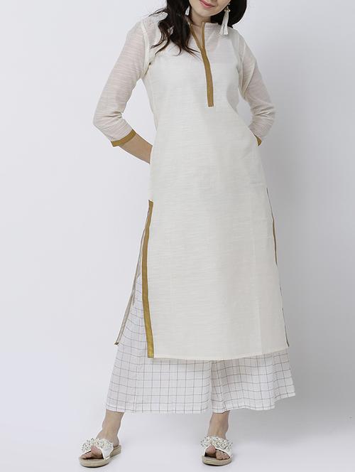 White cotton blend straight kurta - 14533105 - Very Small Image - 1