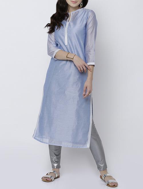 Blue chaderi straight kurta - 14533106 - Very Small Image - 1