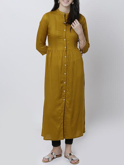 Mustard rayon a-line kurta - 14533108 - Very Small Image - 1