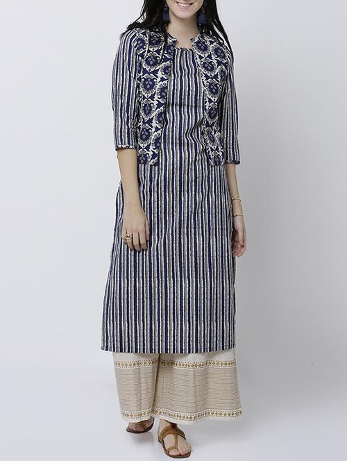Blue cotton straight kurta with jaclet - 14533110 - Very Small Image - 1