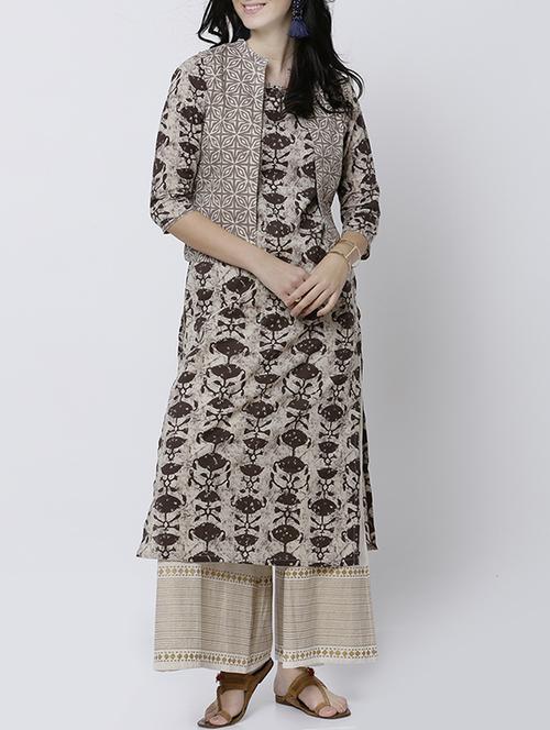 Beige cotton straight kurta with jacket - 14533113 - Very Small Image - 1