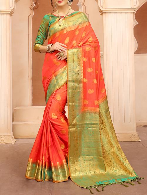 Orange banarasi saree - 14534553 - Very Small Image - 1