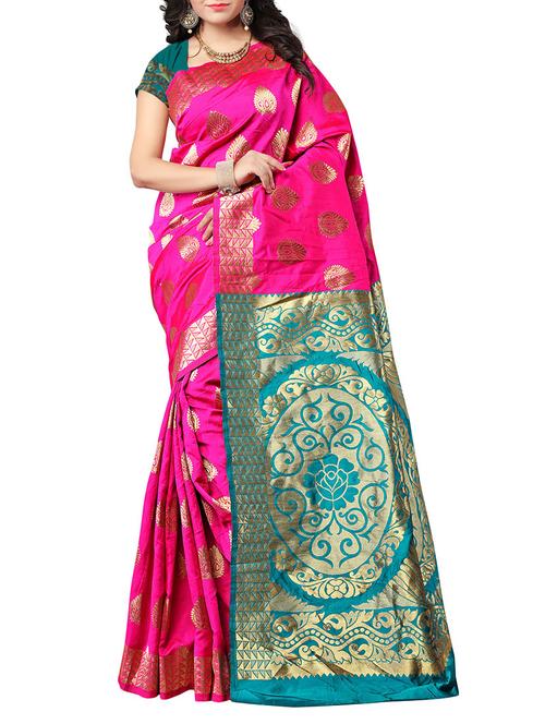 pink silk blend woven saree with blouse - 14534658 - Very Small Image - 1