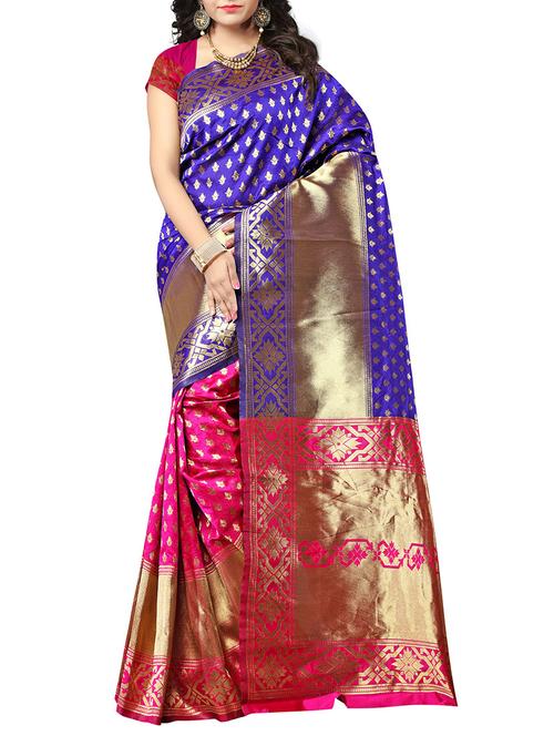 blue silk blend woven saree with blouse - 14534660 - Very Small Image - 1