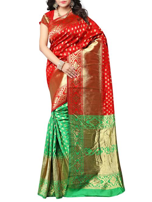 red silk blend woven saree with blouse - 14534663 - Very Small Image - 1