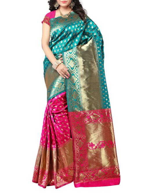 turquoise silk blend woven saree with blouse - 14534664 - Very Small Image - 1