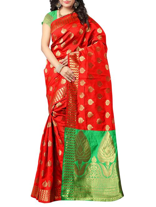 red silk blend woven saree with blouse - 14534669 - Very Small Image - 1