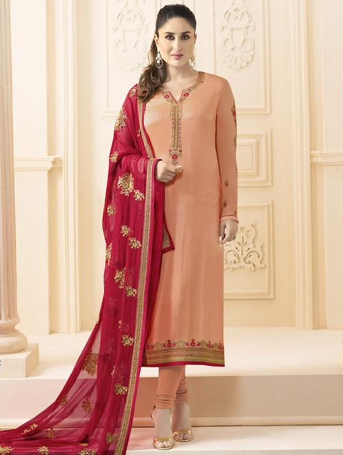 Peach embroidered unstitched churidaar suit - 14534740 - Standard Image - 1