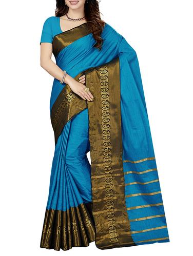 blue cotton blend woven saree with blouse - 14534873 - Very Small Image - 1