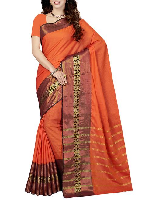 orange cotton blend woven saree with blouse - 14534876 - Very Small Image - 1