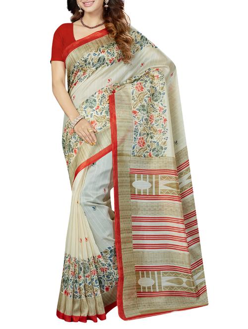 white art silk printed saree with blouse - 14534909 - Very Small Image - 1