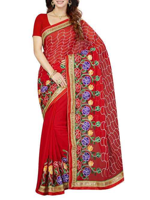 red poly georgette embroidered saree with blouse - 14534919 - Standard Image - 1