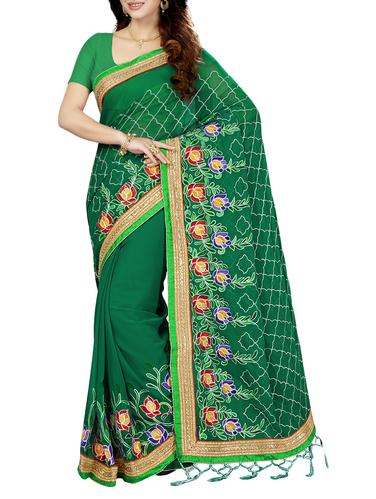 green poly georgette embroidered saree with blouse - 14534920 - Very Small Image - 1