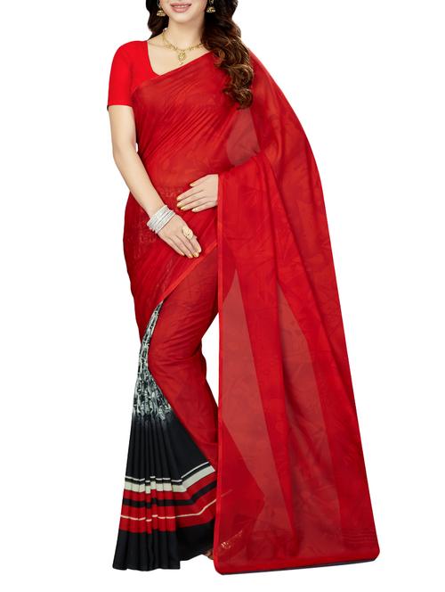 red printed saree with blouse - 14534932 - Very Small Image - 1