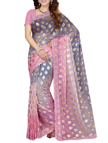 purple printed saree with blouse - 14534940 - Very Small Image - 1