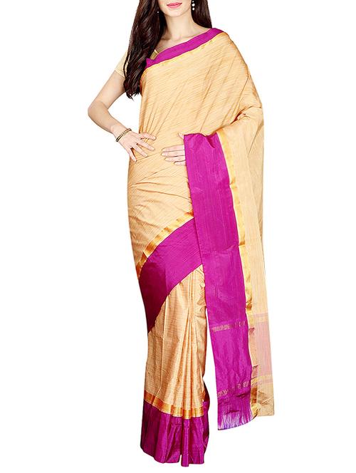 Beige bordered saree with blouse - 14535414 - Standard Image - 1