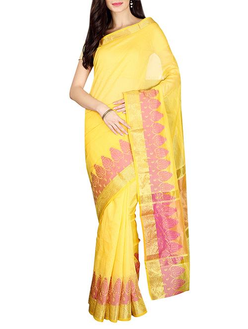 yellow kota cotton doria saree with blouse - 14535418 - Very Small Image - 1