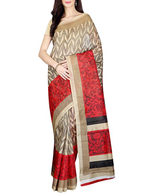 Beige printed saree with blouse - 14535431 - Standard Image - 1