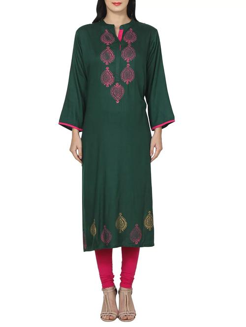 green rayon straight kurta - 14536305 - Standard Image - 1