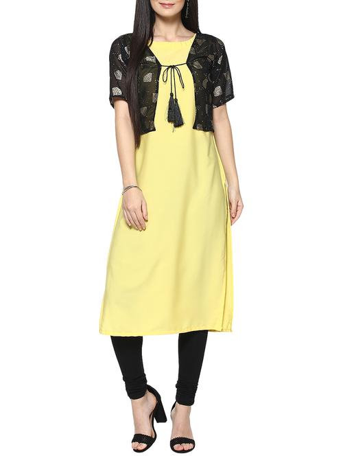yellow crepe straight kurta - 14536815 - Very Small Image - 1