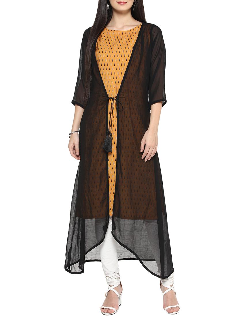 black & mustard crepe layered kurta - 14536829 - Zoom Image - 1