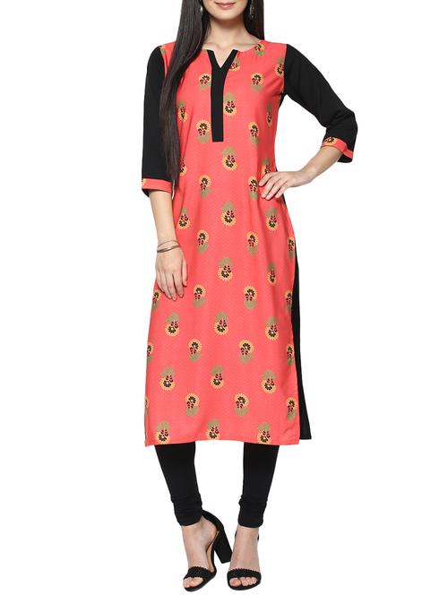 coral red crepe straight kurta - 14536836 - Very Small Image - 1