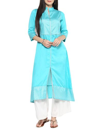turquoise poly silk a-line kurta - 14536842 - Very Small Image - 1