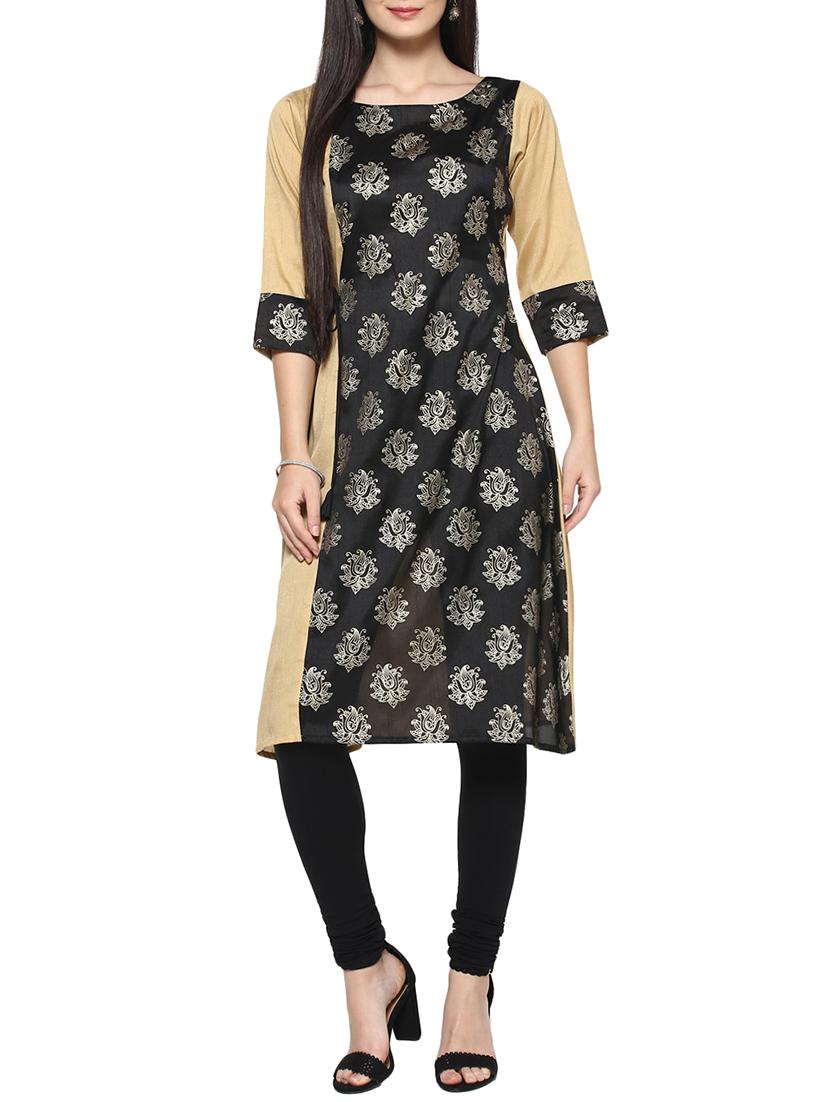 black poly silk a-line kurta - 14536848 - Zoom Image - 1